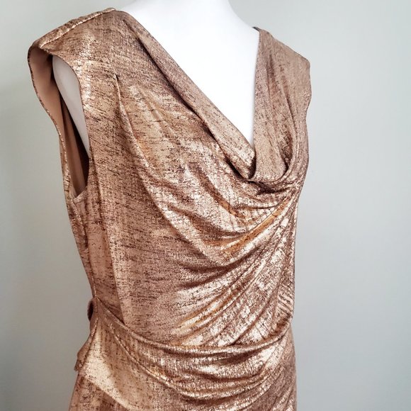 NWOT* Women's Ruched Party Dress Rose Gold Metallic & Black Cowl Neck Size 12 - Picture 4 of 12